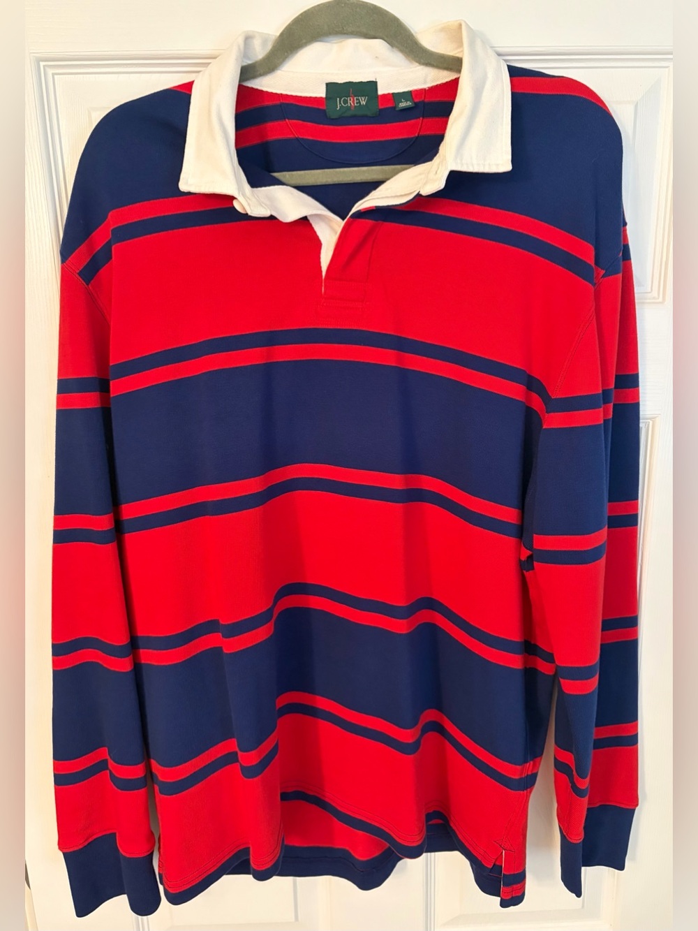 J.Crew Men's Striped Rugby Polo Shirt Long Sleeve Red Navy Blue White Collar